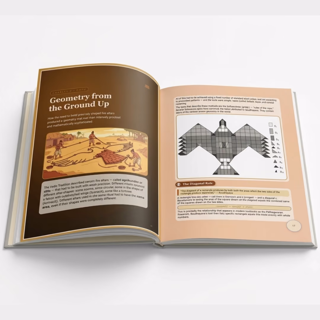 Open book showing two pages; left page titled 'Geometry from the Ground Up' with an illustration of four people building a large geometric fire altar on the ground; right page presents a diagram of a geometric bird shape composed of squares and triangles, with text discussing the diagonal rule and Pythagorean theorem related to fire altar construction.