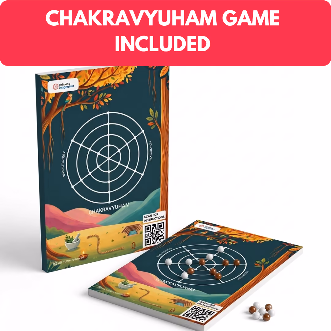 Chakravyuham board game set with a colorful illustrated board featuring concentric circles and a net-like pattern, brown and white game pieces placed on the board and beside it, with a QR code for instructions and autumn tree illustrations on the board edges.