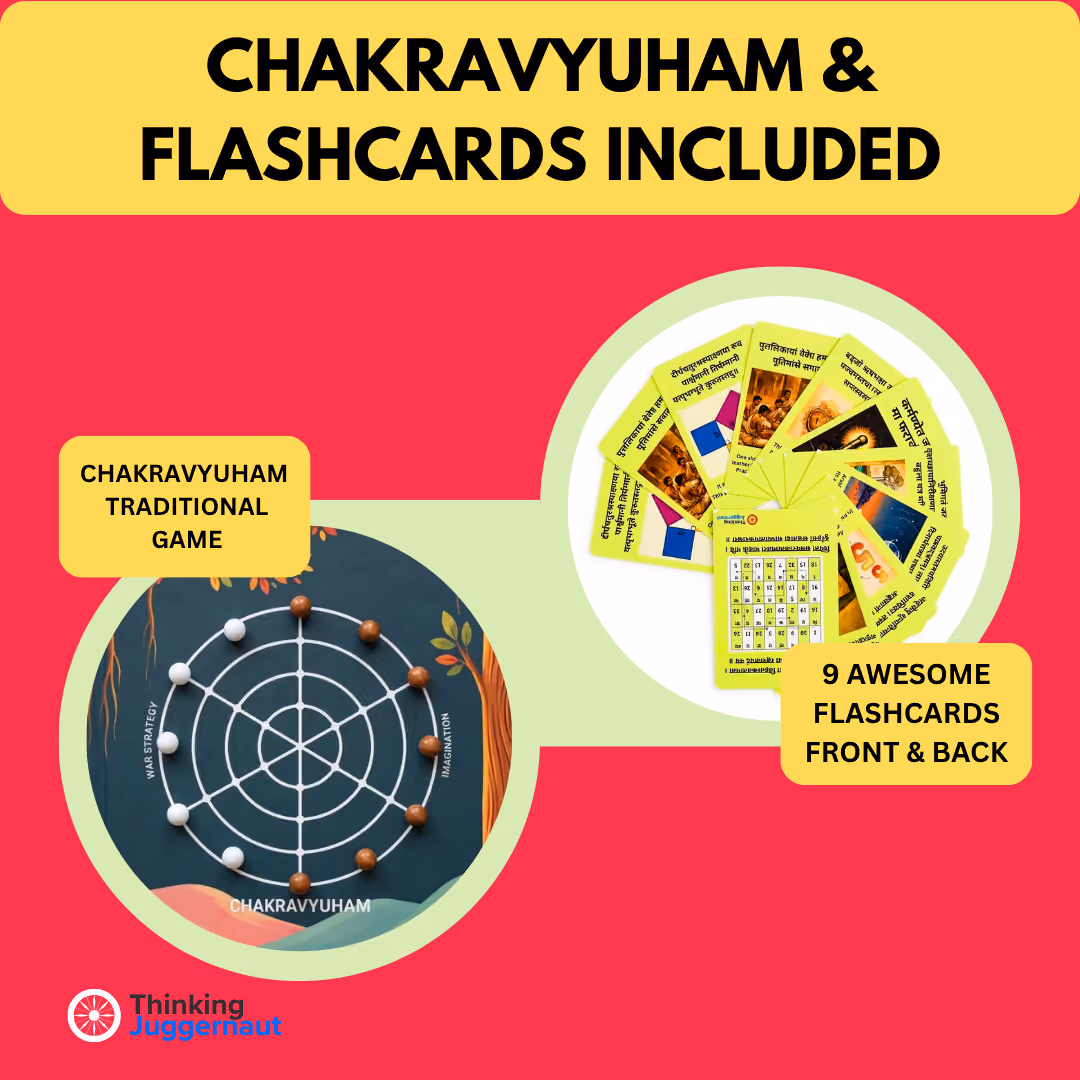 Promotional image with text 'Chakravyuham & Flashcards Included' featuring a traditional Chakravyuham game board with wooden pieces and a set of 9 yellow flashcards fanned out showing text and images on both sides, on a red and green background, with Thinking Juggernaut logo at the bottom left.
