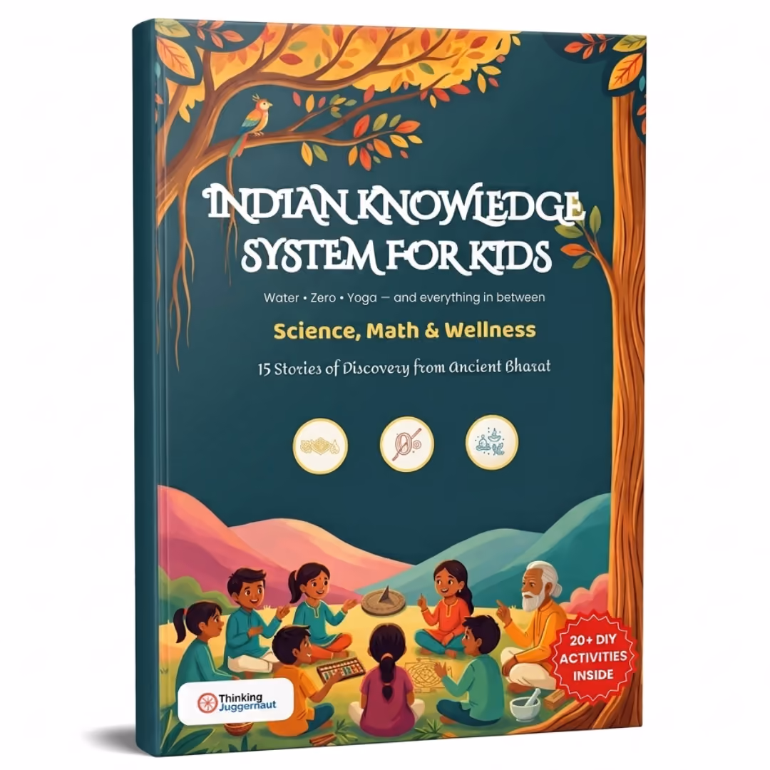 Book cover titled 'Indian Knowledge System for Kids' with subtitle 'Water, Zero, Yoga — and everything in between' and highlights 'Science, Math & Wellness' featuring 15 stories from Ancient Bharat; illustration shows children and an elderly person sitting in a circle on grass under a tree, engaging in traditional educational activities; includes icons and a label stating '20+ DIY activities inside.'