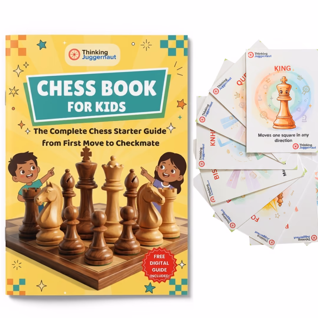 Cover of a yellow chess book for kids titled 'Chess Book for Kids: The Complete Chess Starter Guide from First Move to Checkmate' with an illustration of chess pieces and two children pointing, alongside a fan of educational chess cards showing moves of different pieces, including a card highlighting the King piece that moves one square in any direction.