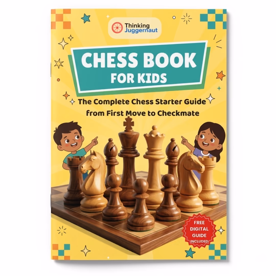Cover of a children's chess book titled 'Chess Book for Kids' with subtitle 'The Complete Chess Starter Guide from First Move to Checkmate' featuring cartoon boy and girl smiling and pointing at a chessboard with chess pieces, on a yellow background with colorful decorative stars and squares. Includes a red badge indicating a free digital guide is included.