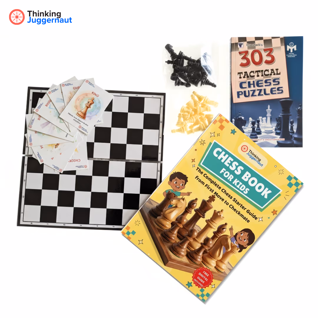 Chess set including a foldable chessboard, black and white chess pieces, a fan of chess instruction cards, a book titled '303 Tactical Chess Puzzles,' and a yellow 'Chess Book for Kids' with cartoon characters and wooden chess pieces on the cover.