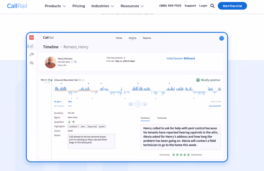 CallRail interface screenshot showing a customer call timeline and details