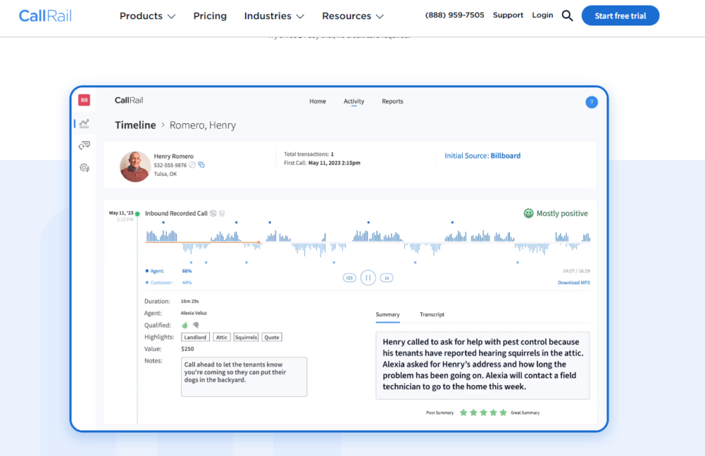 CallRail interface screenshot showing a customer call timeline and details