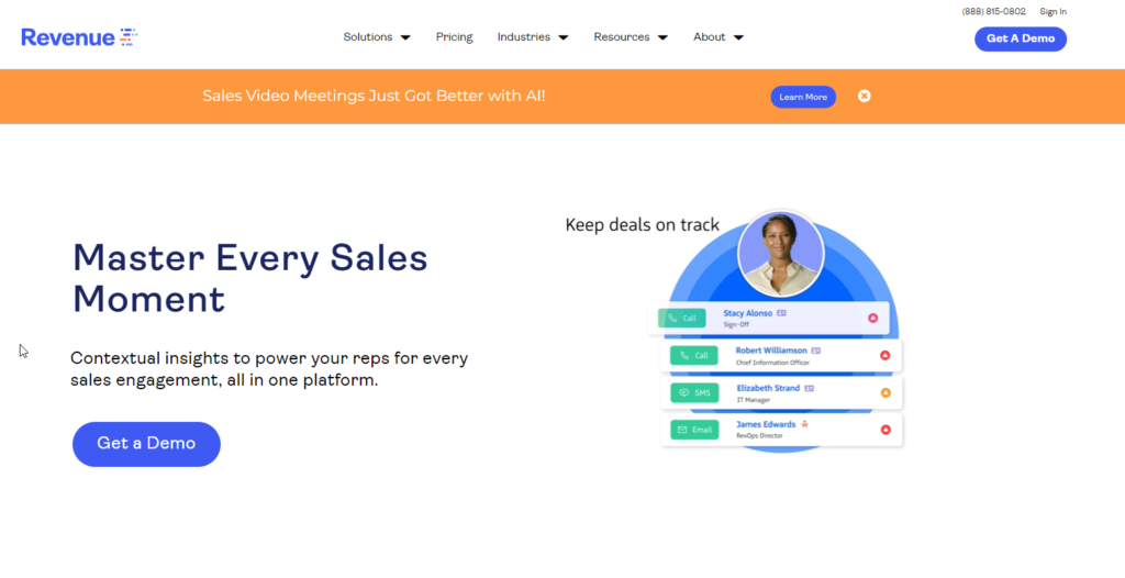Screenshot of the Revenue.io homepage promoting their sales engagement platform with the tagline "Master Every Sales Moment"