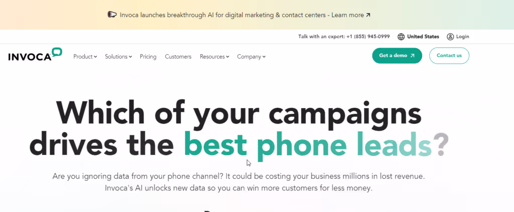 Screenshot of Invoca homepage with AI capabilities in unlocking new data to help businesses win more customers for less money