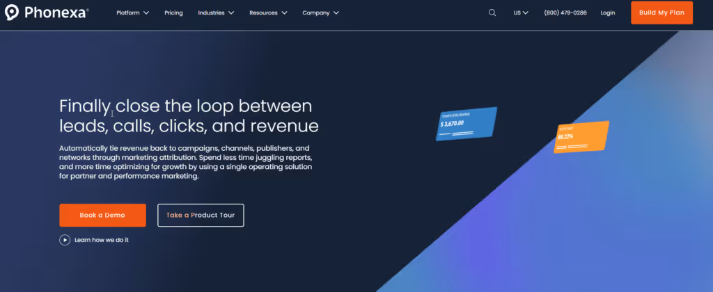 Screenshot of the Phonexa homepage promoting their marketing attribution solutions with the tagline "Finally close the loop between leads, calls, clicks, and revenue"