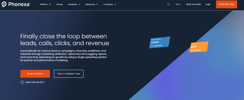 Screenshot of the Phonexa homepage promoting their marketing attribution solutions with the tagline "Finally close the loop between leads, calls, clicks, and revenue"