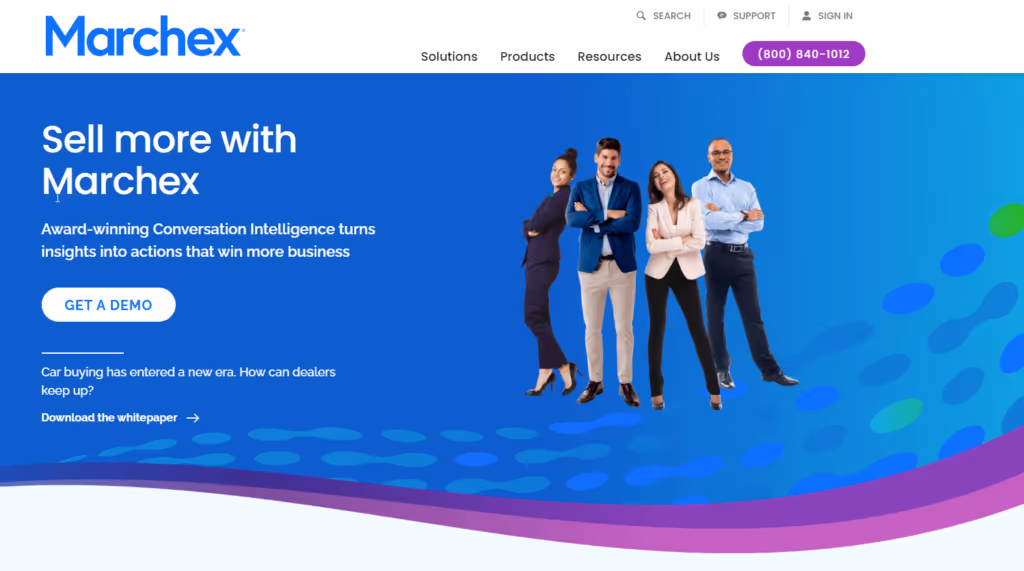 Screenshot of the Marchex homepage promoting their Conversation Intelligence solutions with the tagline "Sell more with Marchex"