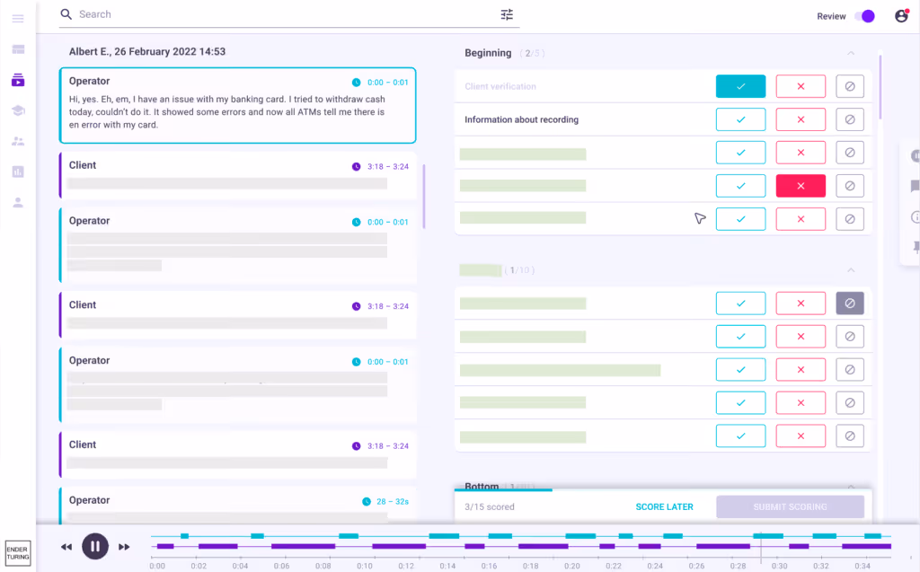 Screenshot of Ender Turing Conversation Analytics interface showing a detailed interaction between an operator and a client, with scoring metrics and analysis tools on the right side, and a timeline at the bottom
