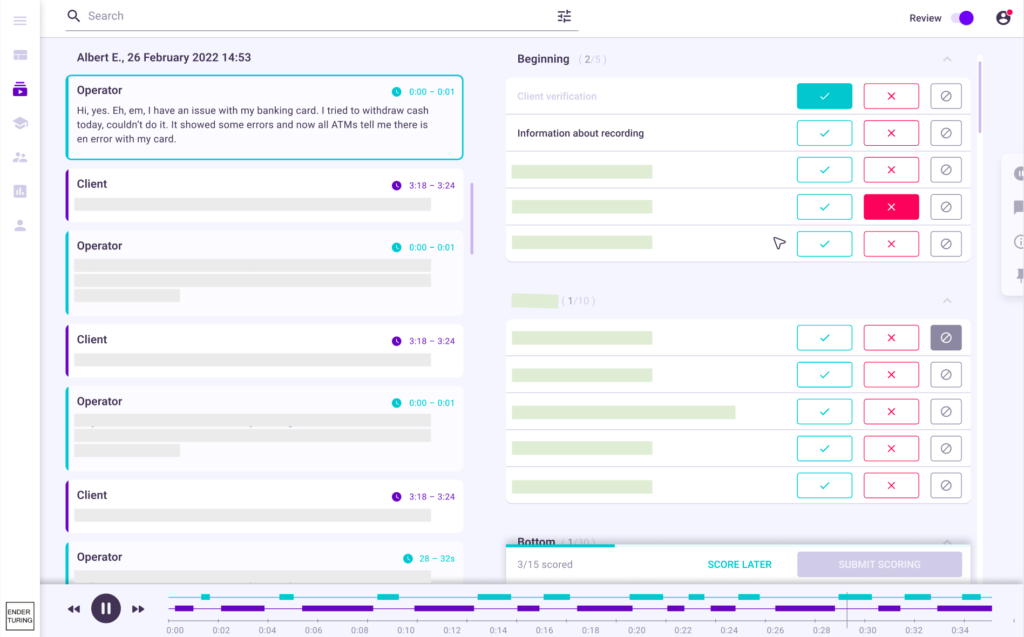 Screenshot of Ender Turing Conversation Analytics interface showing a detailed interaction between an operator and a client, with scoring metrics and analysis tools on the right side, and a timeline at the bottom