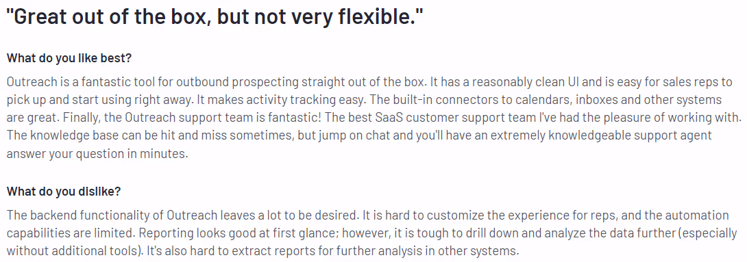 Screenshot of a user review for Outreach with the title "Great out of the box, but not very flexible." The review praises Outreach for its clean UI, ease of use for sales reps, effective activity tracking, and fantastic support team. However, it criticizes the backend functionality, limited customization, and challenging data analysis