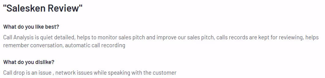 Screenshot of a user review for Salesken with the title "Salesken Review." The review highlights the benefits of Salesken's detailed call analysis, monitoring of sales pitches, call recording for reviewing and remembering conversations, and automatic call recording. The reviewer mentions issues with call drops and network problems during customer interactions