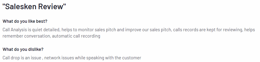 Screenshot of a user review for Salesken with the title "Salesken Review." The review highlights the benefits of Salesken's detailed call analysis, monitoring of sales pitches, call recording for reviewing and remembering conversations, and automatic call recording. The reviewer mentions issues with call drops and network problems during customer interactions