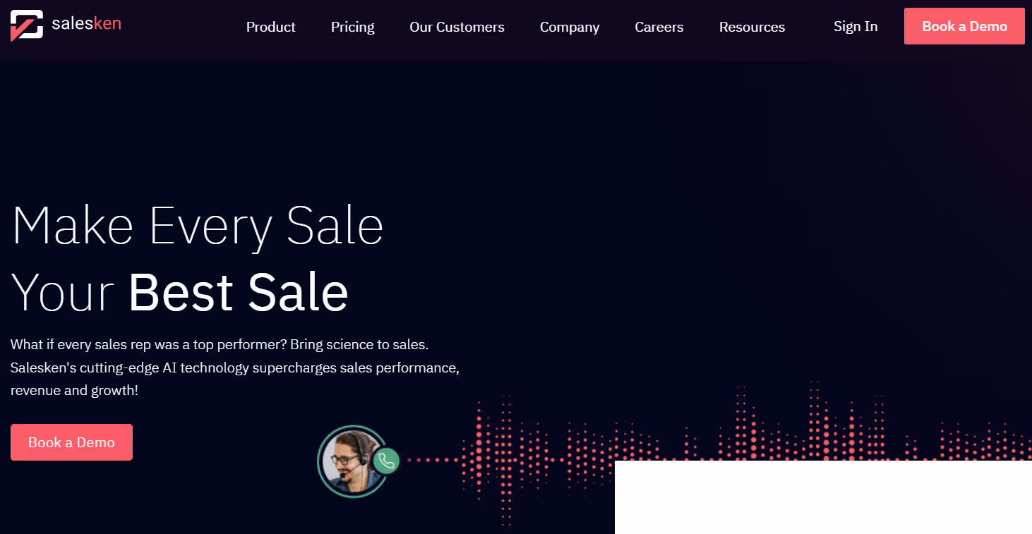 Screenshot of SalesKen homepage with the tagline "Make Every Sale Your Best Sale." The page promotes SalesKen's AI technology for enhancing sales performance, revenue, and growth