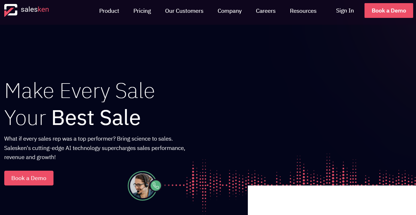 Screenshot of SalesKen homepage with the tagline "Make Every Sale Your Best Sale." The page promotes SalesKen's AI technology for enhancing sales performance, revenue, and growth