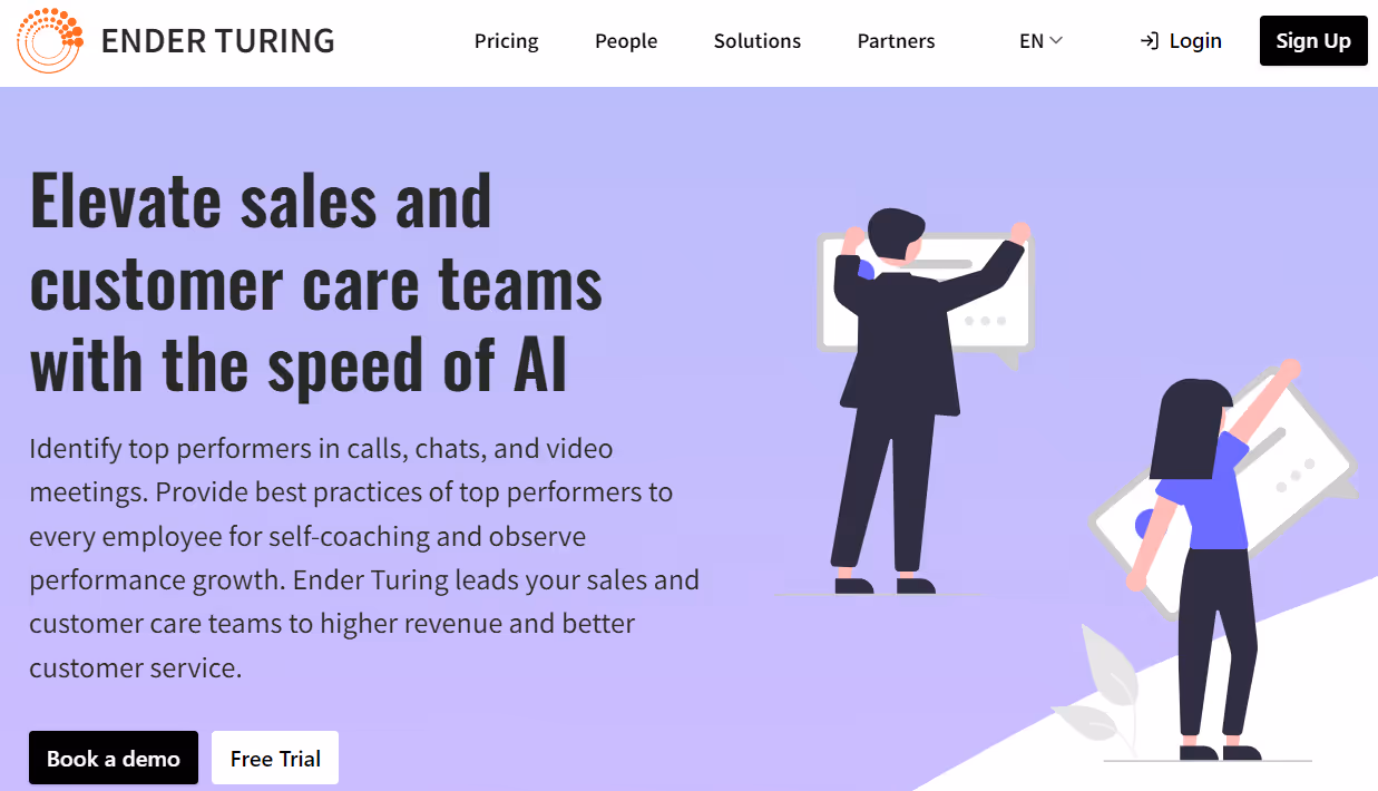 Screenshot of the Ender Turing homepage promoting AI-powered solutions for elevating sales and customer care teams. The page highlights identifying top performers in calls, chats, and video meetings, and providing best practices for self-coaching and performance growth