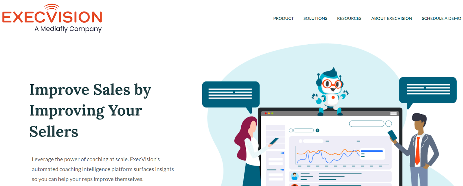 Screenshot of ExecVision homepage with the tagline "Improve Sales by Improving Your Sellers." The page highlights ExecVision's automated coaching intelligence platform that helps sales reps improve through insights and coaching at scale