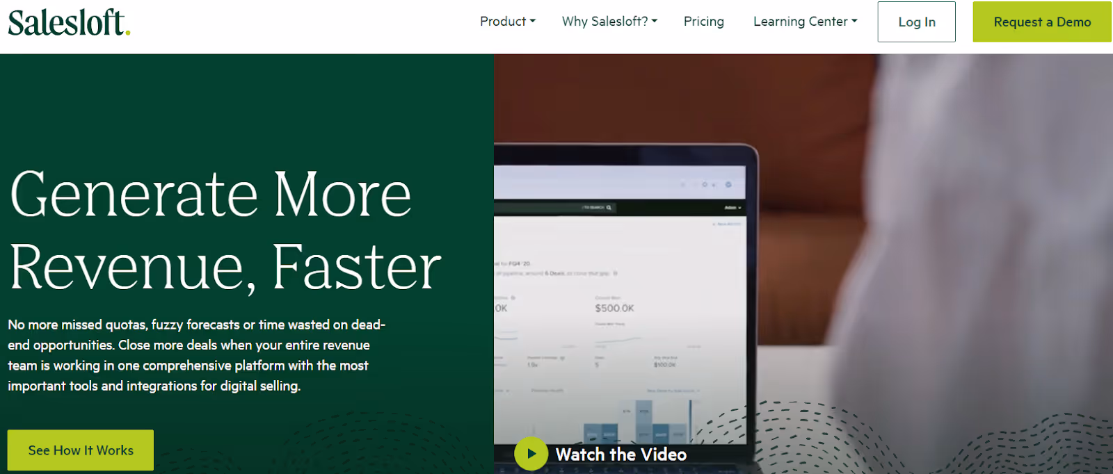 Screenshot of the Salesloft homepage promoting their platform to generate more revenue faster. The page emphasizes closing more deals by using a comprehensive platform with tools and integrations for digital selling