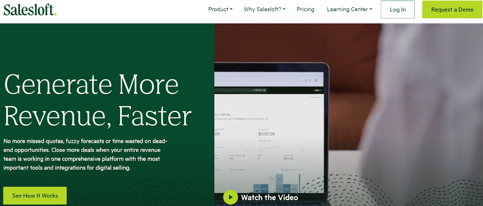 Screenshot of the Salesloft homepage promoting their platform to generate more revenue faster. The page emphasizes closing more deals by using a comprehensive platform with tools and integrations for digital selling