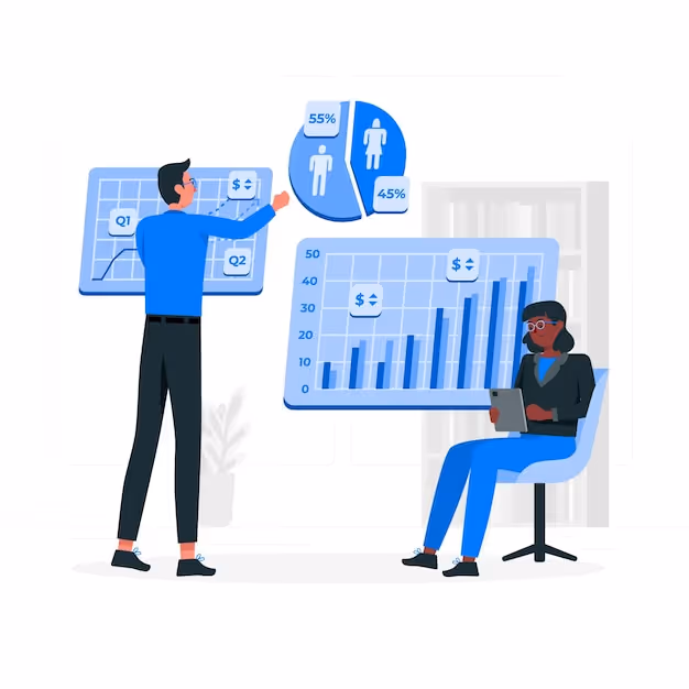 Illustration of two business professionals analyzing charts and graphs