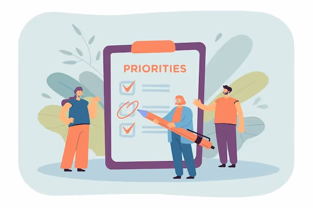 Team members discussing and organizing priorities on a clipboard