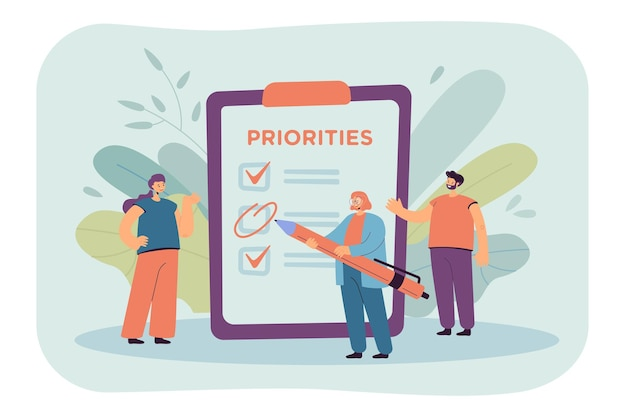Team members discussing and organizing priorities on a clipboard