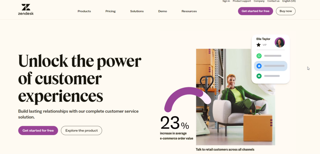 Screenshot of Zendesk's website showcasing their customer service solutions