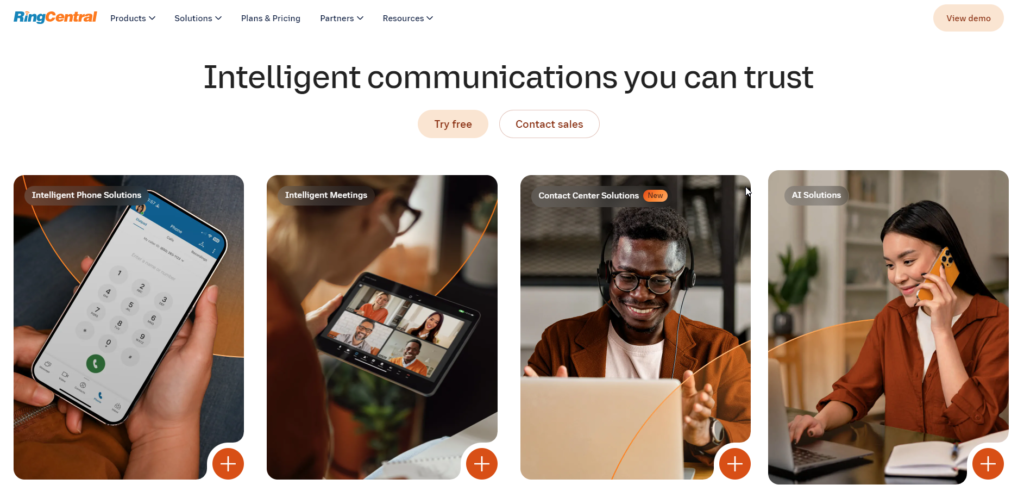 Screenshot of RingCentral's website showcasing their intelligent communication solutions including phone, meetings, contact center, and AI solutions