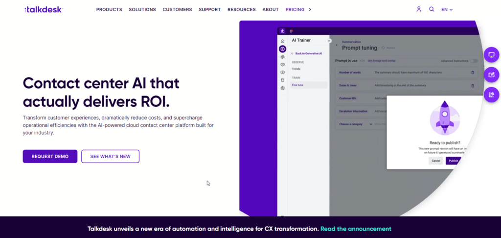 Screenshot of Talkdesk's website highlighting their AI-powered contact center solutions with a focus on delivering ROI