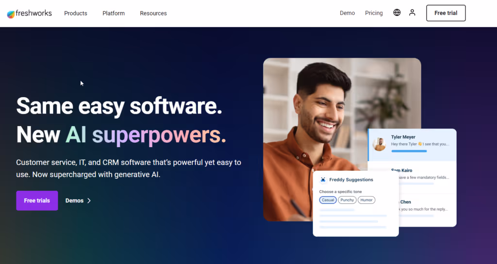 Freshworks software homepage showcasing AI-powered customer service tools with a smiling man and chat interface examples