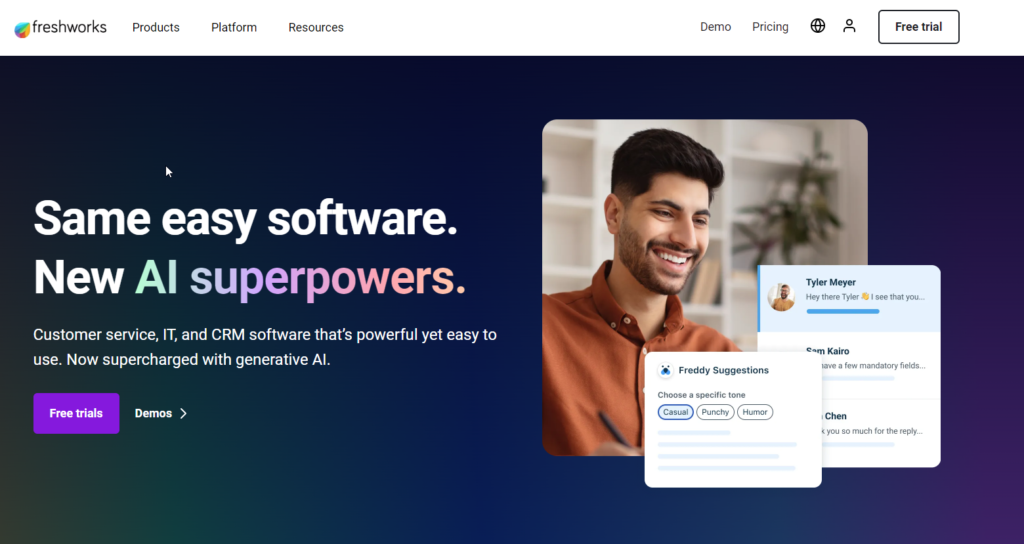 Freshworks software homepage showcasing AI-powered customer service tools with a smiling man and chat interface examples