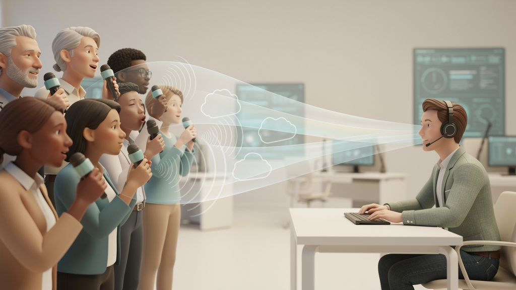 Illustration of diverse customers communicating, with their collective input flowing towards a central point, symbolizing Voice of the Customer programs.