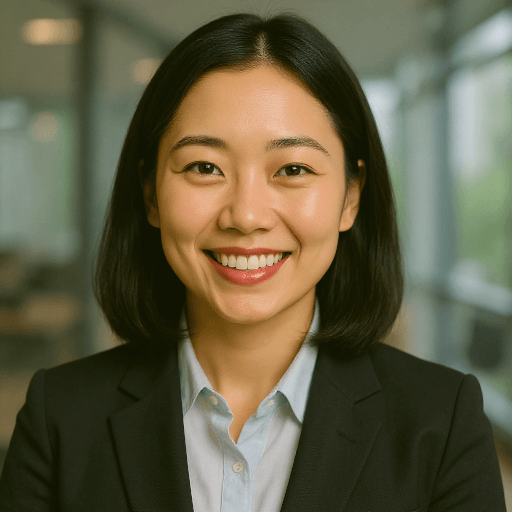 AI-enhanced corporate headshot of an Asian woman in business attire smiling confidently