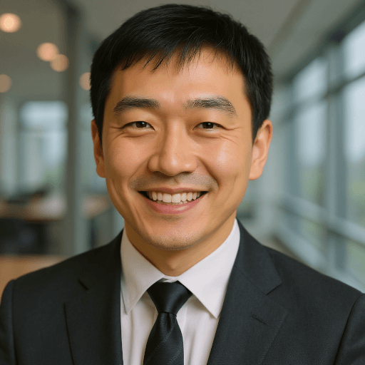 AI-generated professional headshot of an Asian man in a suit smiling confidently