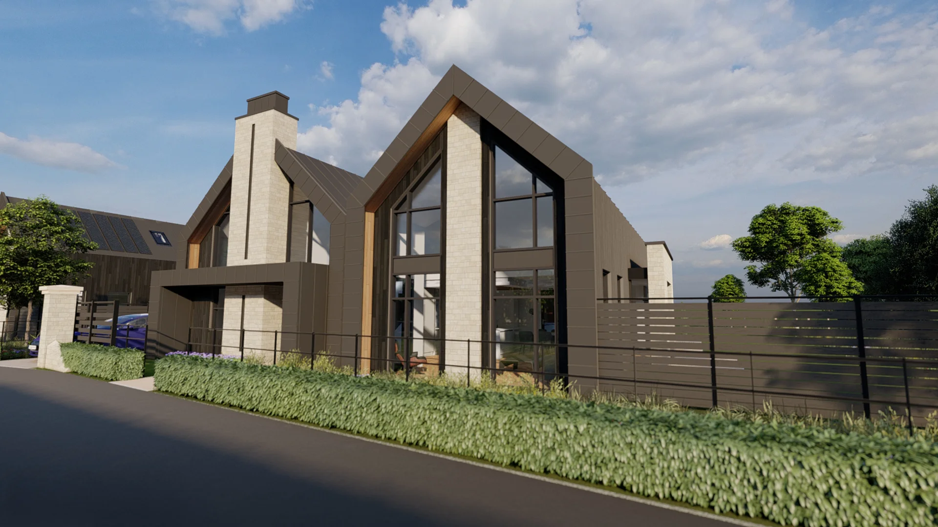 Contemporary luxury home with angular architecture, floor-to-ceiling glass windows and stone cladding