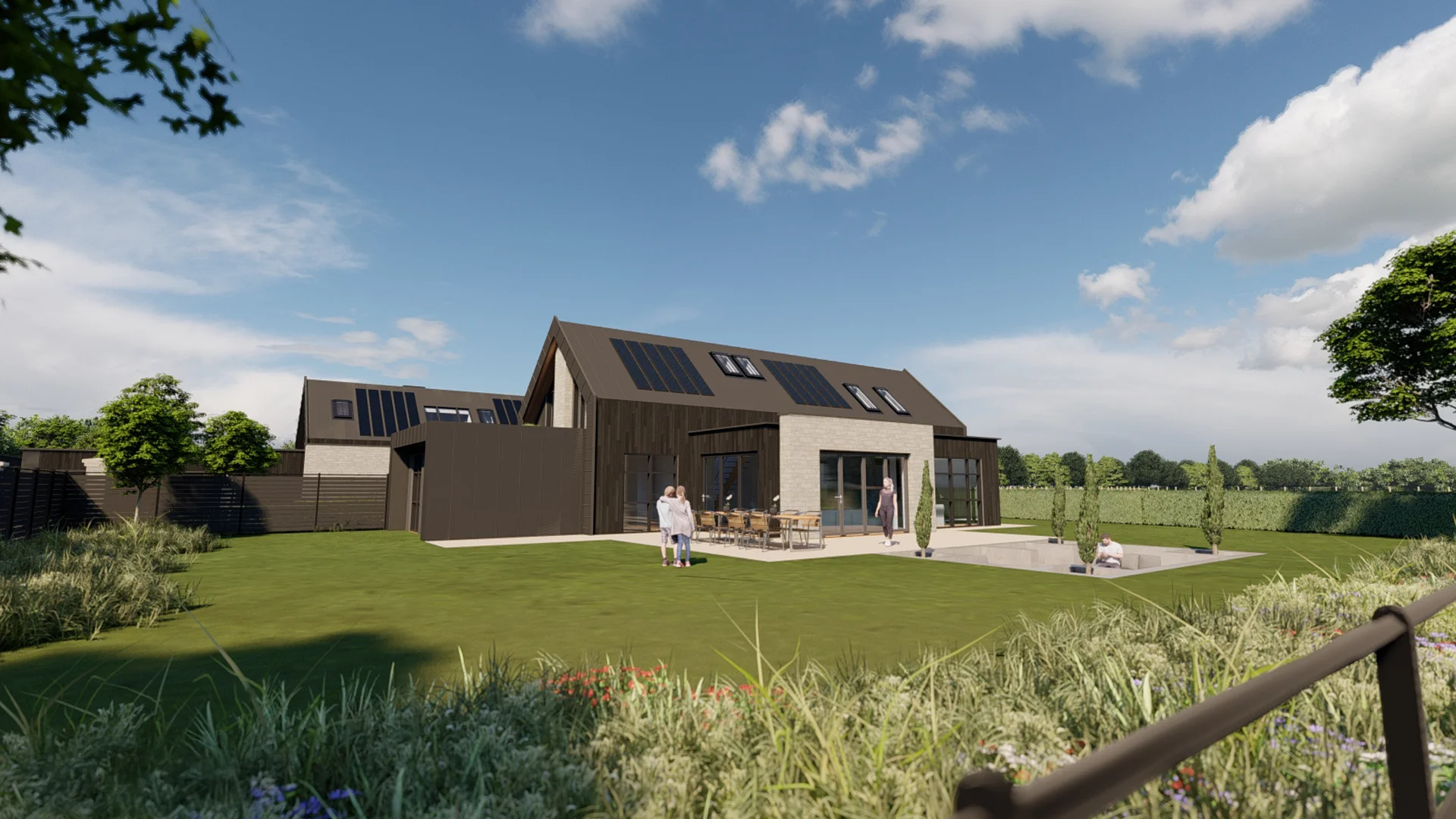 Modern family home rear view featuring rooftop solar panels and landscaped garden with patio area
