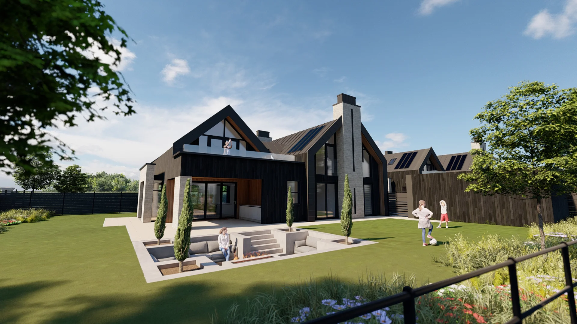 Contemporary home design with sunken outdoor seating area and professional landscape architecture