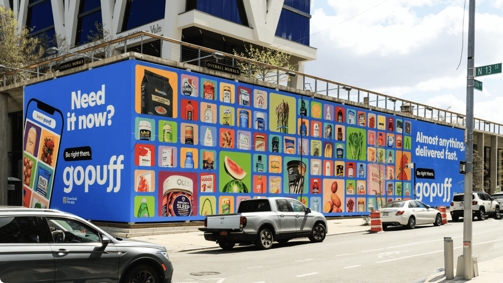 gopuff advertising wrap on side of city structure