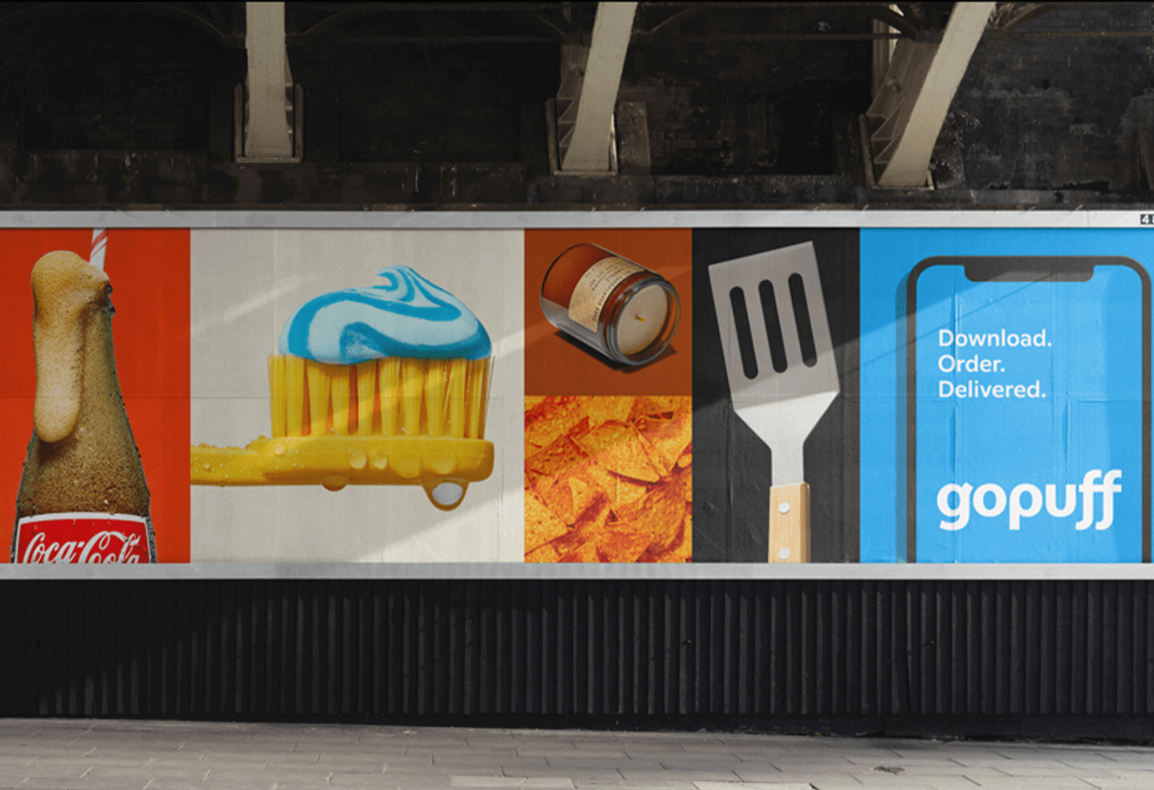 gopuff ads featuring soda, toothpaste, food, and utensils in an urban space
