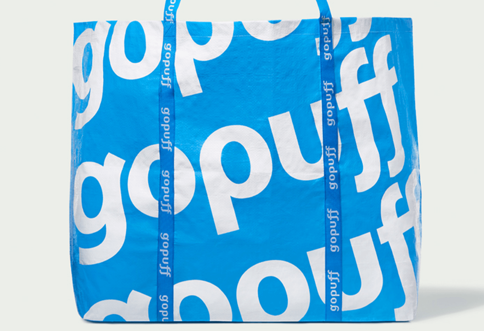 light blue tote bag with allover gopuff logo print