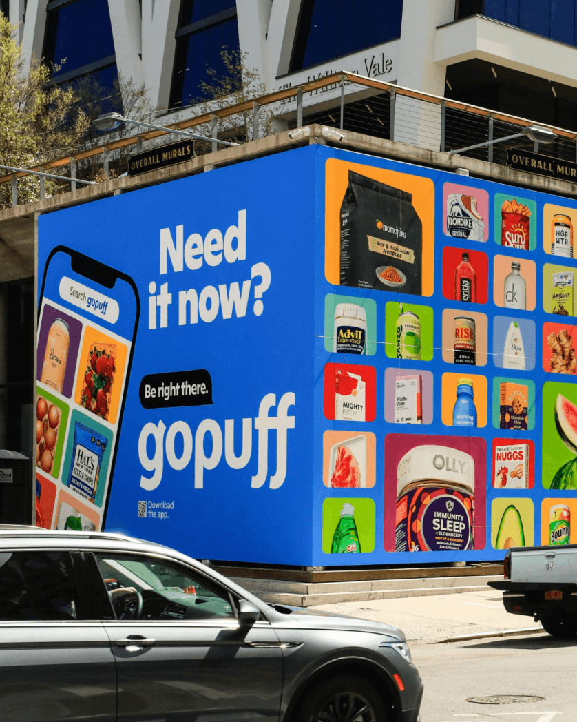 gopuff advertising wrap on side of city structure
