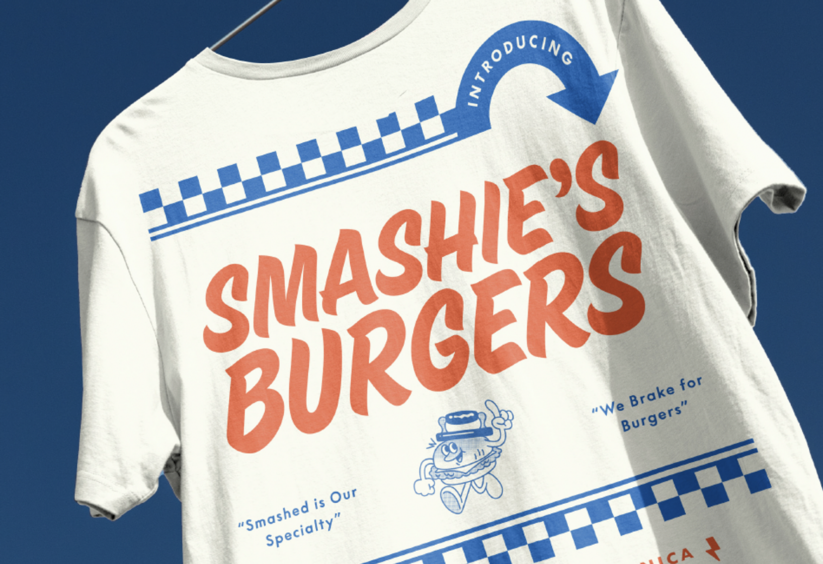 tshirt design for Smashie's Burgers with retro checkerboard pattern