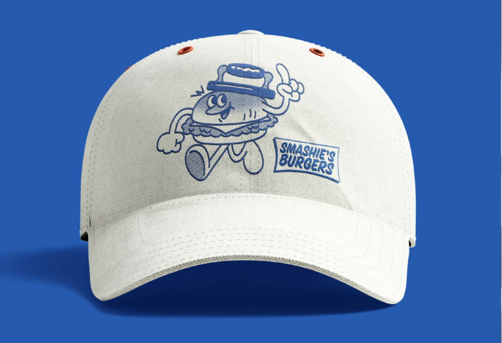 hat design for Smashie's Burger with anthropomorphic burger character