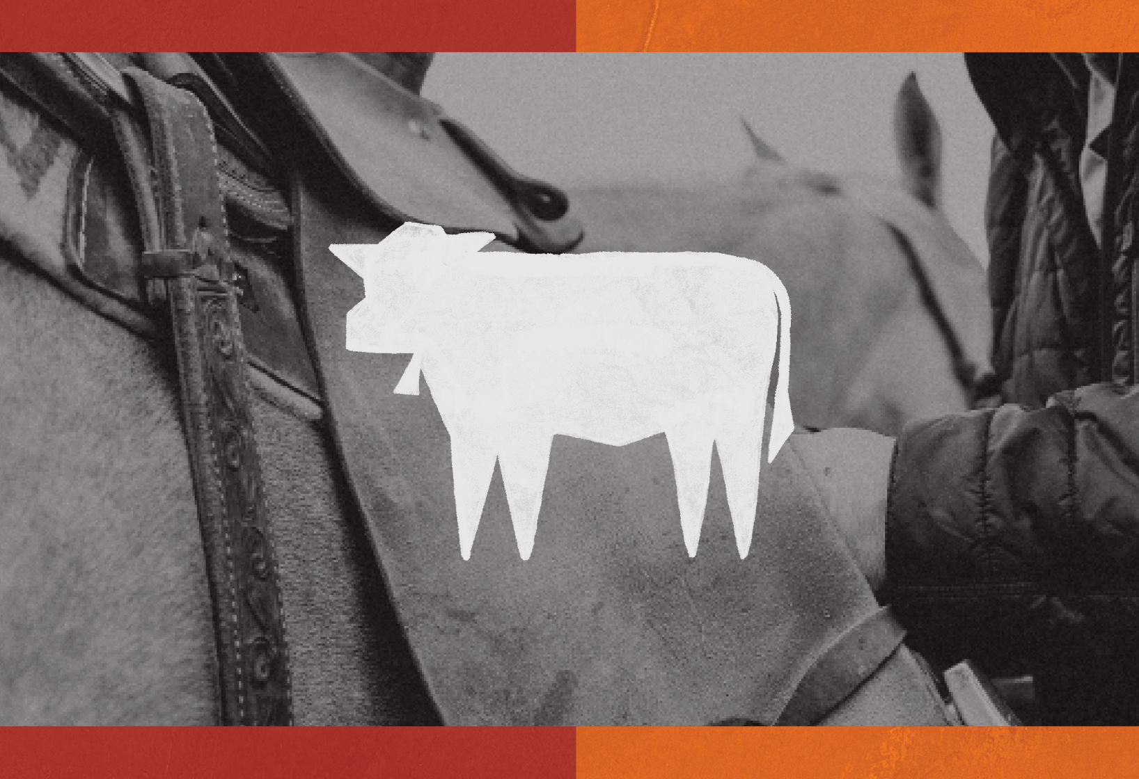 cattle logomark imposed over black and white photo of a rancher with a horse
