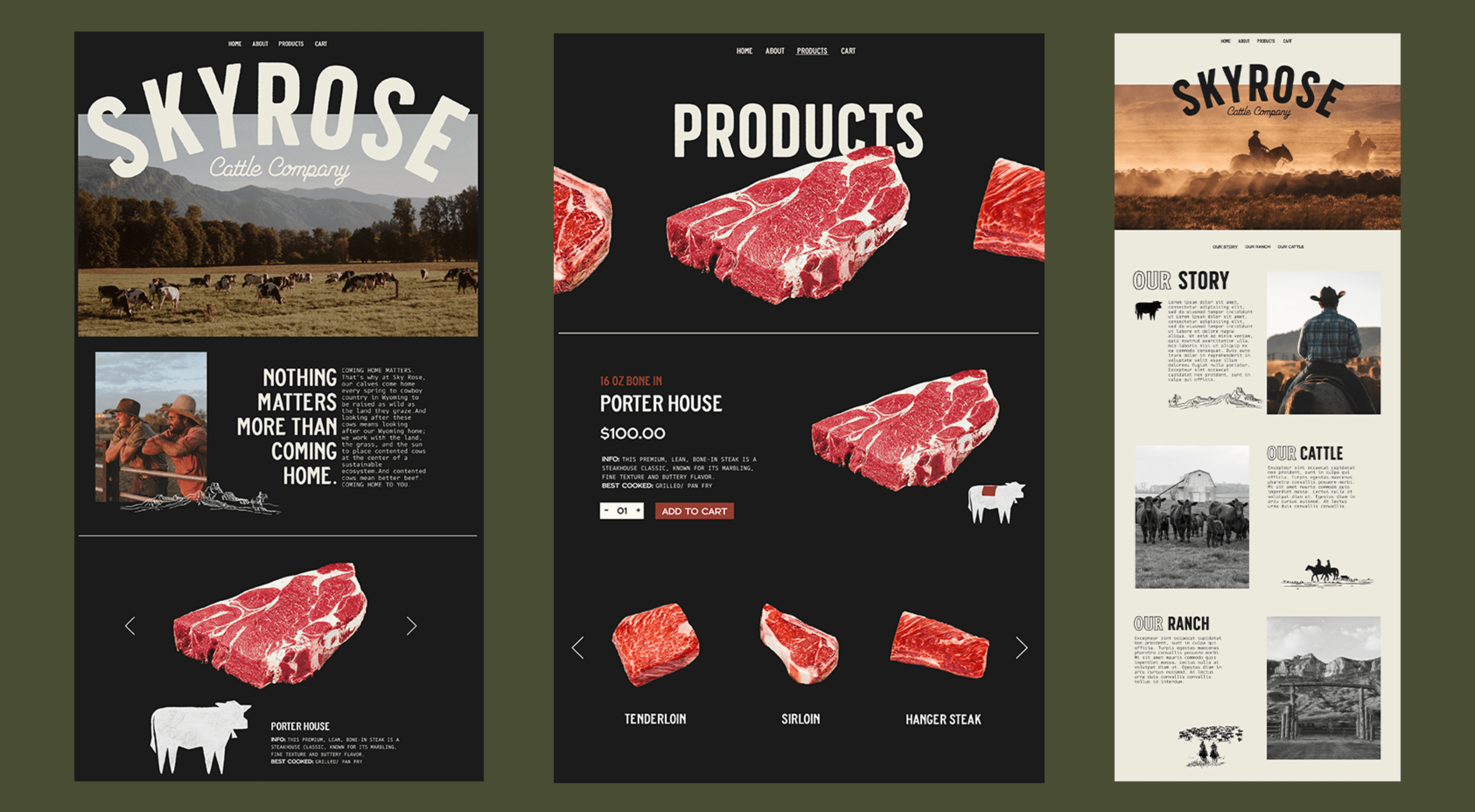 website mocks for home, product, and about pages for sky rose cattle company has neutral colors and large product imagery of meats