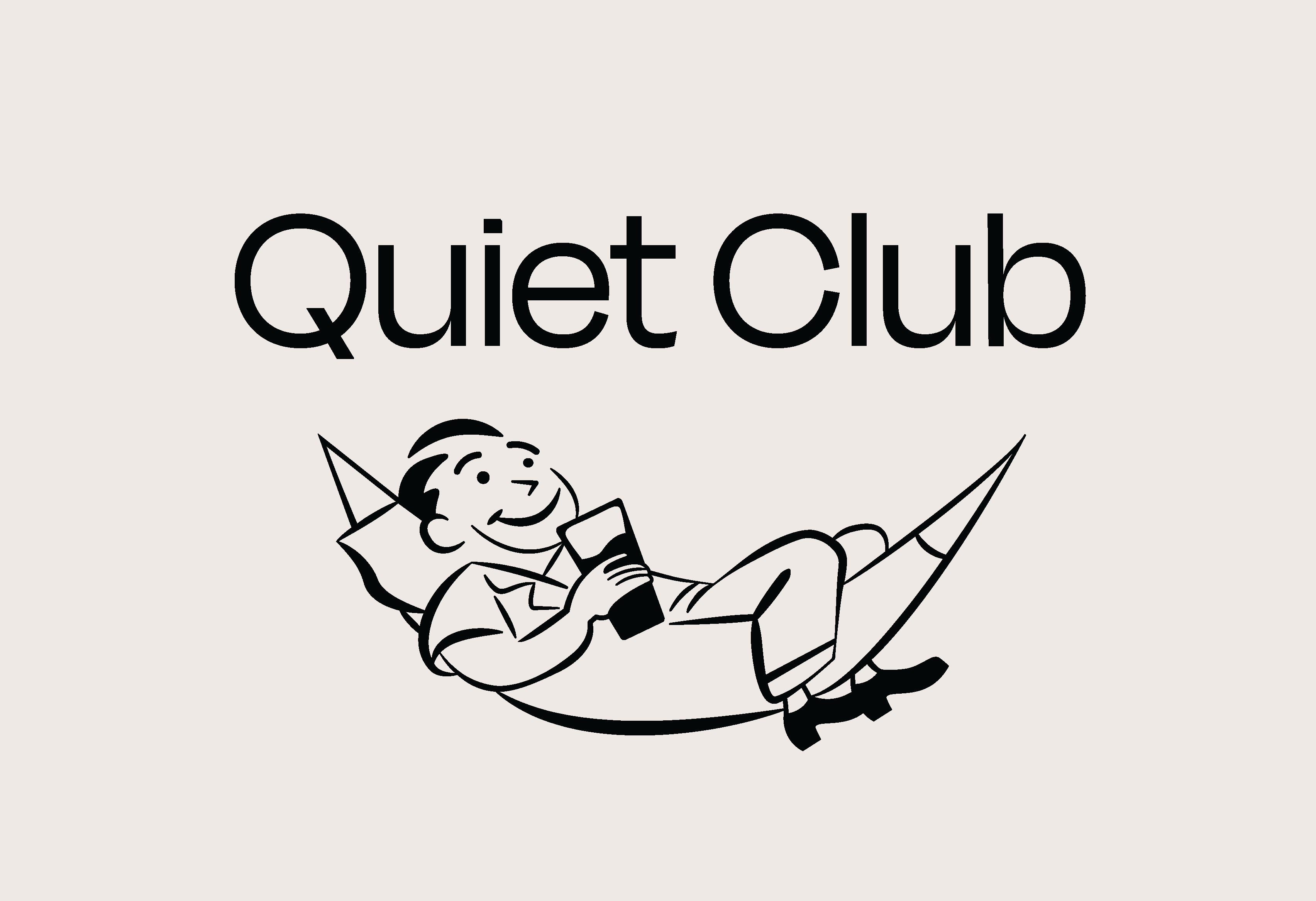 Quiet Club logo features character drinking in a hammock on an off-white background