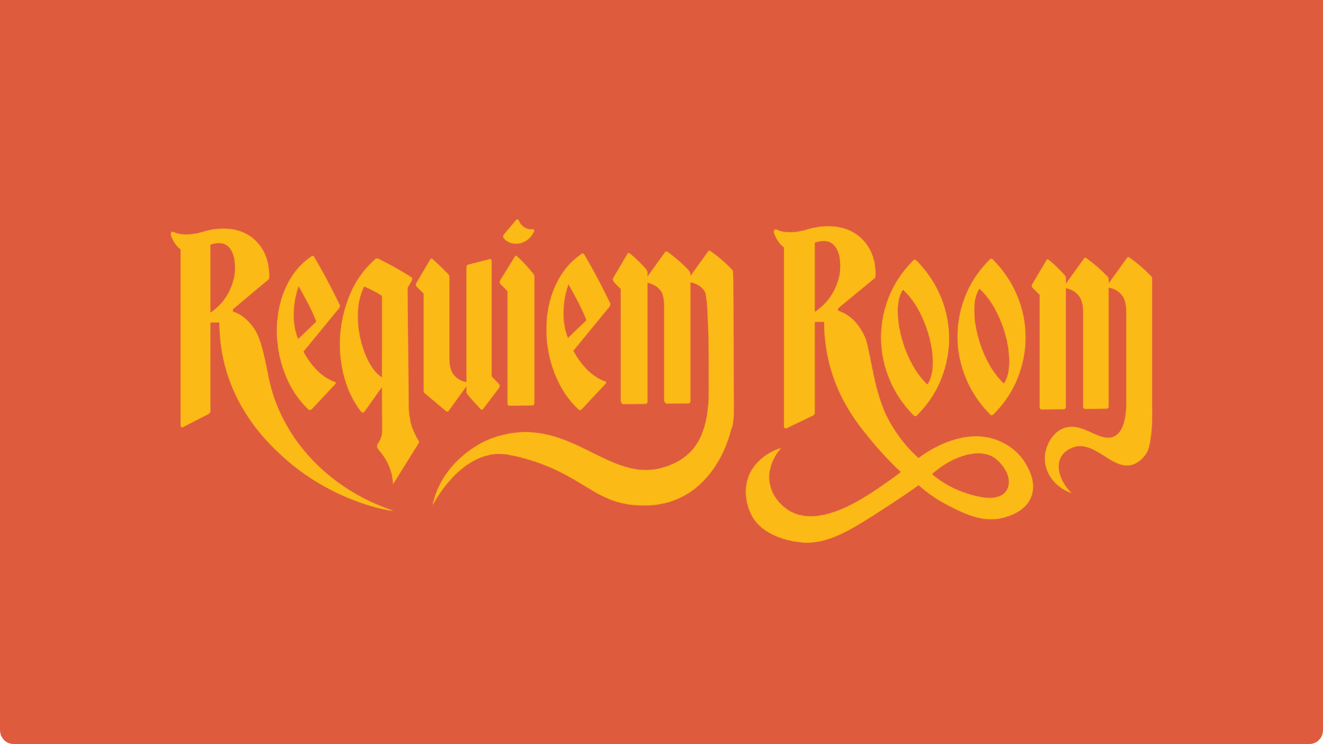 gold Requiem Room logo on orange background