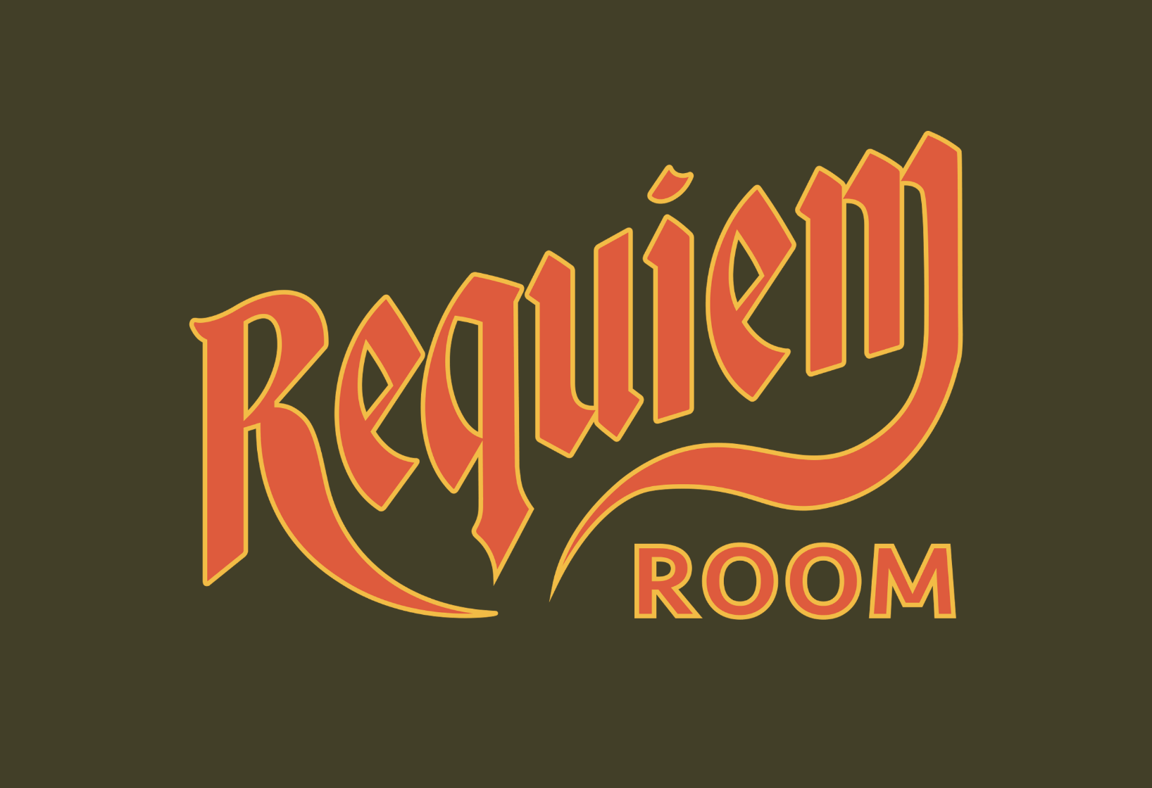 Orange and gold Requiem Room logo on green background